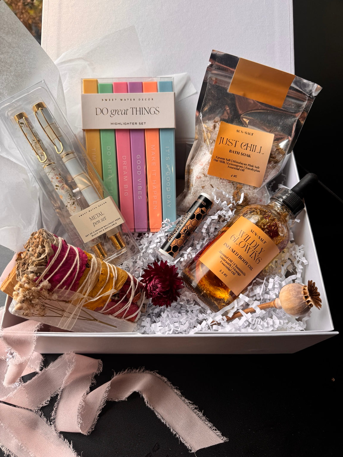 A Little Brightness curated gift box with stationery, bath soak and body oil by Truck Full of Posies in Florence, Oregon