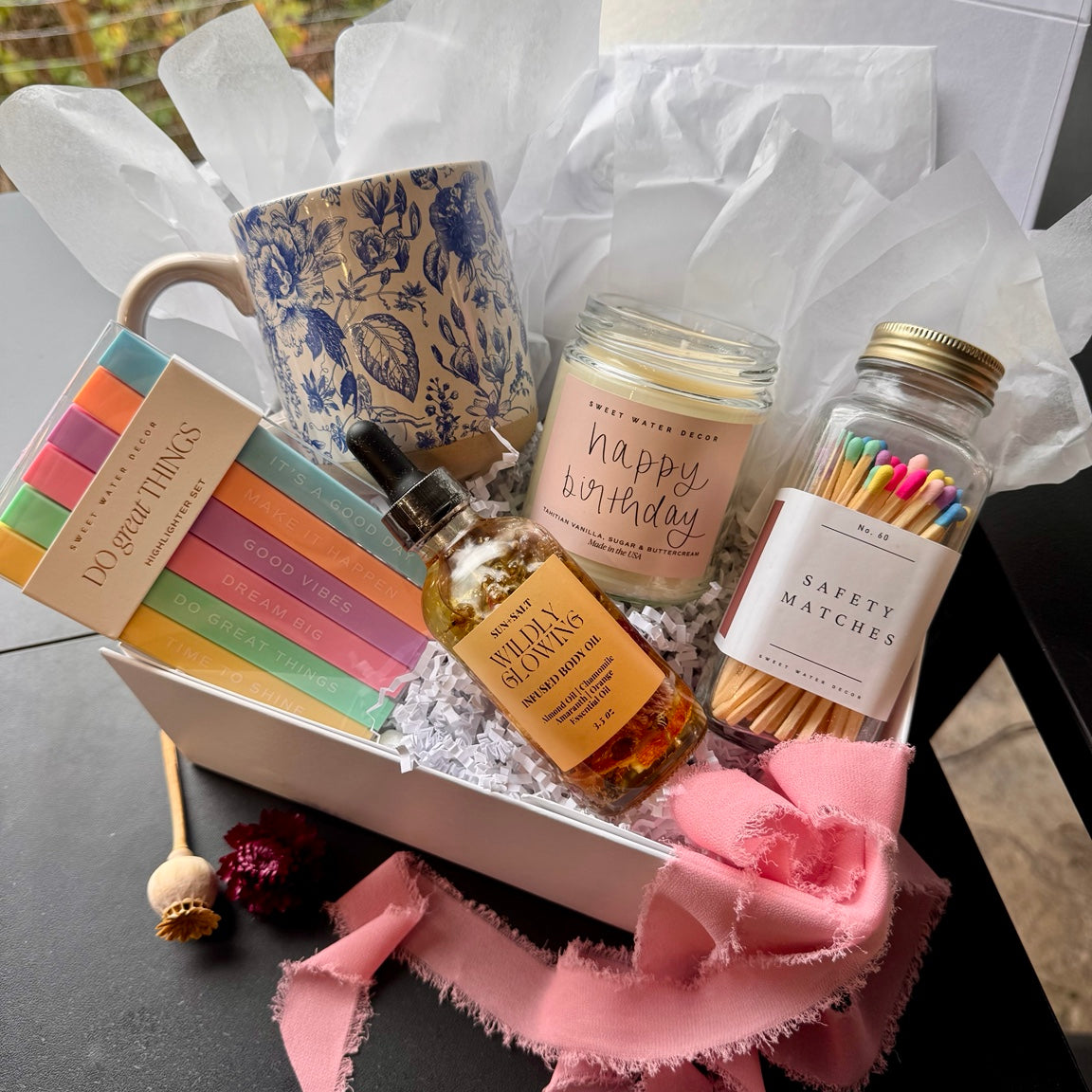 Birthday Wishes Small curated gift box in pearl-white keepsake packaging by Truck Full of Posies, Florence Oregon