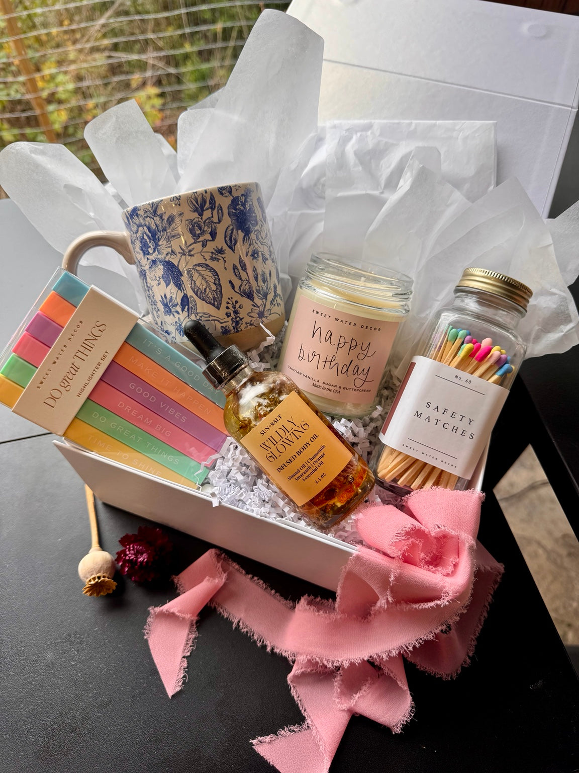 Birthday Wishes Small curated gift box in pearl-white keepsake packaging by Truck Full of Posies, Florence Oregon